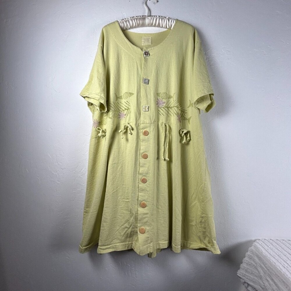 Vintage Blue Fish Women's Button Front  Short Sleeve Dress Yellow Cotton Size 2